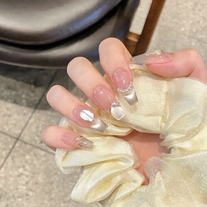 Handgemaakte Kattenoog Gradiënt Press On Nagels Met Parel Strass Decor Kort Medium Trapezium Ovaal Luxe Vrouwen Sieraden