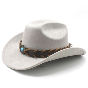 Detail of grey faux suede cowboy hat featuring a braided leather band and turquoise stone