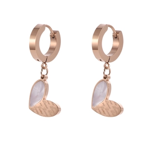 Rose gold heart earrings with white shell inlay and Love engraving on white background
