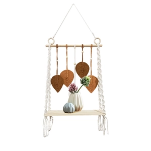 Bohemian wall hanging shelf with woven cotton rope, wooden tray and brown leaf tassels