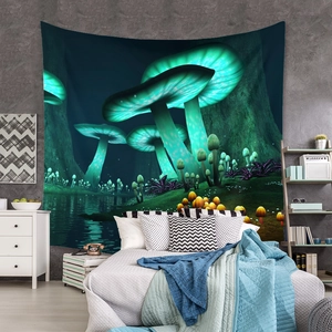 Detail of mushroom tapestry showing fluorescent forest pattern on polyester fabric