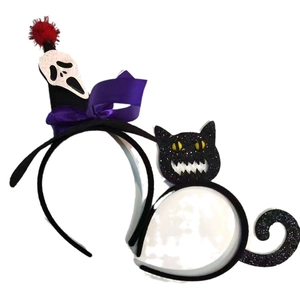 Halloween headband with black glitter cat, Scream ghostface and purple satin ribbon bow