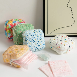 Detailed set of five quilted floral organizers for cosmetics and travel essentials