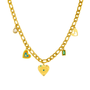 Collana a catena in acciaio dorato con ciondoli a cuore in smalto colorato e cristalli