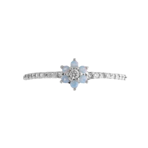 Detail of silver floral ring featuring light blue opal petals and sparkling zircon accents