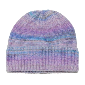 Close-up of the space-dye knit pattern and ribbed cuff on this purple winter beanie