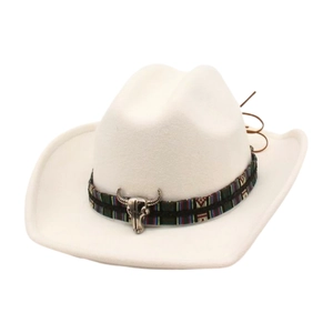 Detail of white felt cowboy hat with ethnic woven band and silver bull skull ornament