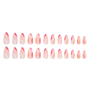 Almond shaped fake nails with pink and orange wavy patterns on a white background