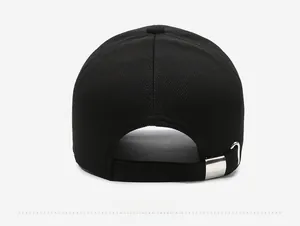 Detail view of the black baseball cap rear with premium silver metal adjustable buckle