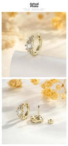 Detailed view of coffee gold geometric earrings with white zircon insets and screw back