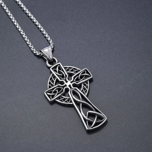 Vintage Viking Celtic cross necklace in polished silver steel with box chain