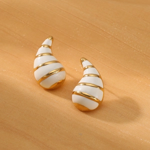 Elegant white water drop earrings with gold stripes in polished stainless steel for women