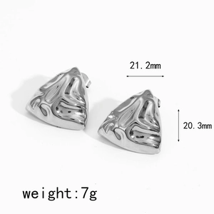 Geometric triangle stainless steel stud earrings with hammered texture and silver finish