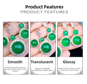 Detailed views of translucent green chalcedony jewelry set with rose gold plating