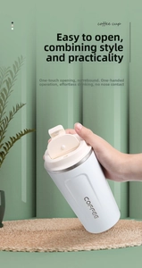 White vacuum coffee mug with pop-up lid showing one-handed operation and matte finish