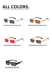 Matrix showing five retro square sunglasses in silver, gold and matte black frames
