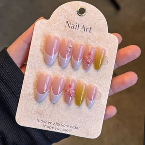 24pcs 3D floral almond press-on nails with pink flowers and gradient nail art design