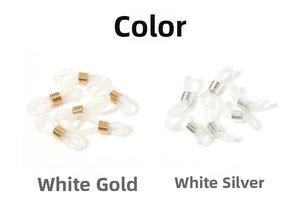 Detail view of anti-slip silicone eyewear connectors in gold and silver metal finishes