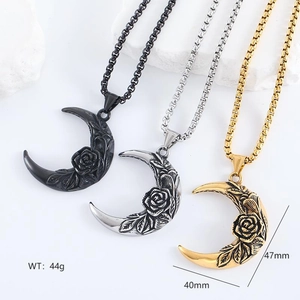 Crescent Moon Rose Pendant Necklace 304 Stainless Steel Embossed Gothic Dark Style Hip Hop Jewelry For Men Women