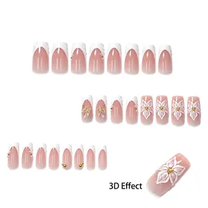 Französische lange weiße und rosa Ombré-Kunstnägel mit 3D-Blumen und Perlen