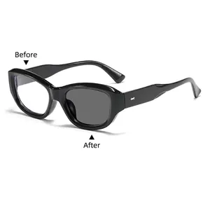Fashionable cat eye photochromic blue light glasses showing clear and dark lens contrast