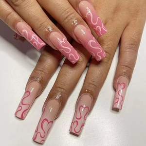 Long Ballerina Press On Nails Pink Gradient Heart Pattern Abstract Wavy Line Elegant False Nails For Women