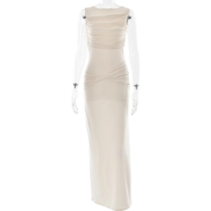 Elegant sleeveless beige maxi dress with ruched bodice and stylish waist twist design