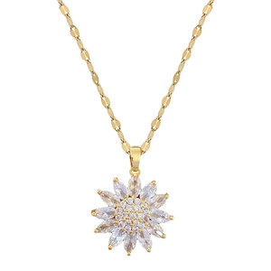 Titanium steel sunflower necklace with white zircon pendant on gold lip chain for women