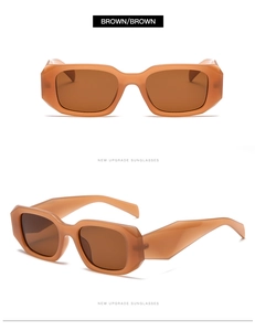 Detailed front and 45-degree angle view of brown rectangle sunglasses with thick frames