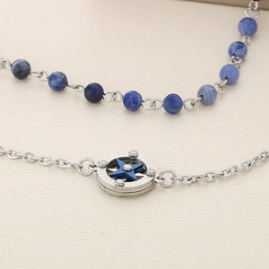Minimalist stainless steel necklace with blue turquoise beads and star compass pendant