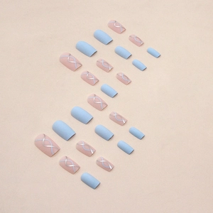 Matte press-on nails in sky blue and nude pink with silver wave lines, 24 pieces set