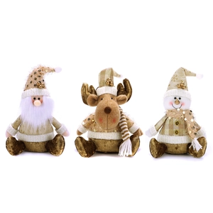Three-piece set of golden knit Christmas tree ornaments featuring Santa, deer, and snowman