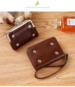 Dark brown PU leather kiss-lock purse and zipper card holder with metallic rivets detail