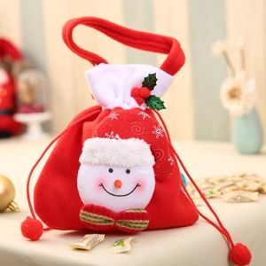 3D snowman plush Christmas drawstring gift bag with red pompom ties and top handle