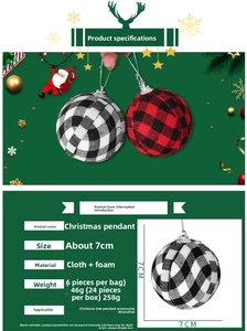 Close-up of 7cm buffalo plaid Christmas ornaments showing fabric texture and size details