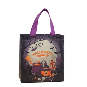 Halloween non-woven gift bag with purple handles and festive ghost pumpkin printing