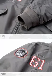 Detailed close-up of ribbed cuffs and Fighter Pilot embroidery on bomber jacket