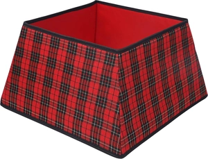 Detail view of square red and black plaid Christmas tree collar with fabric lining