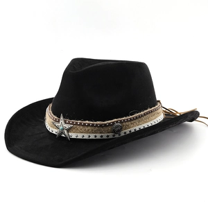 Black faux suede western cowboy hat with vintage turquoise star and woven band accents