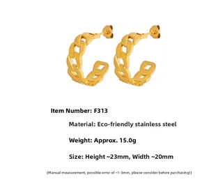 Detail view showing dimensions of gold-plated stainless steel hollow C-shaped earrings