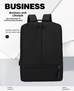 Close-up of black Oxford business backpack featuring external USB charging port