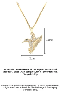 Detail of titanium steel hummingbird pendant necklace with micro-paved crystals and dimensions