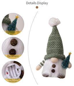 Detail of Christmas gnome plush featuring a mini tree, wooden button, and AAA battery slot