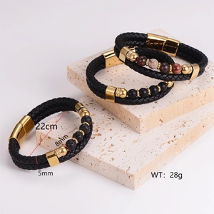 Men's braided leather bracelet with volcanic stones and gold stainless steel buckle