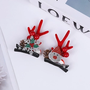 Christmas reindeer antler hair clips with glitter snowflakes and red berries set
