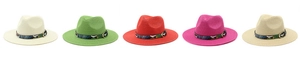 Flat lay view of wide brim straw fedora hats in five colors with ethnic woven bands