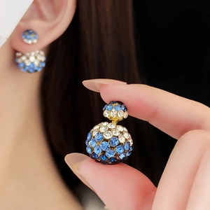 Double Sided Ball Stud Earrings For Women With Blue White Rhinestone Alloy And Silver Earring Post Fashion Chic Luxury