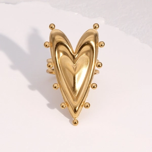 Bague cœur en acier inoxydable doré 18 carats avec accents sphériques sur pierre blanche
