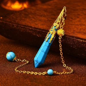 Blue turquoise hexagonal crystal pendulum pendant with gold filigree cap and chain