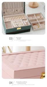 Double-layer leather jewelry box with lock featuring quilted pattern and organized interior